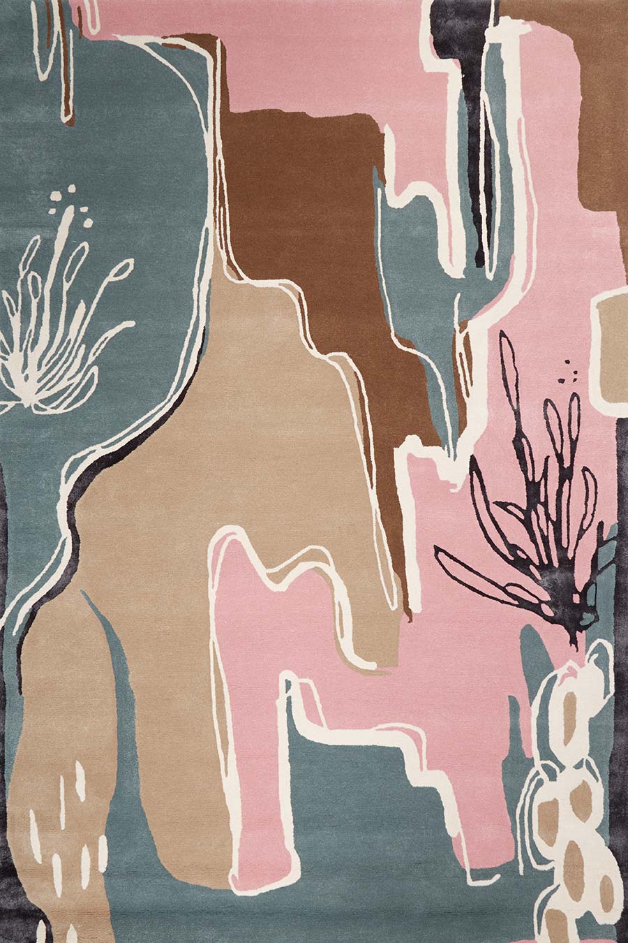 Overhead image of abstract Foley rug in green and pink colour