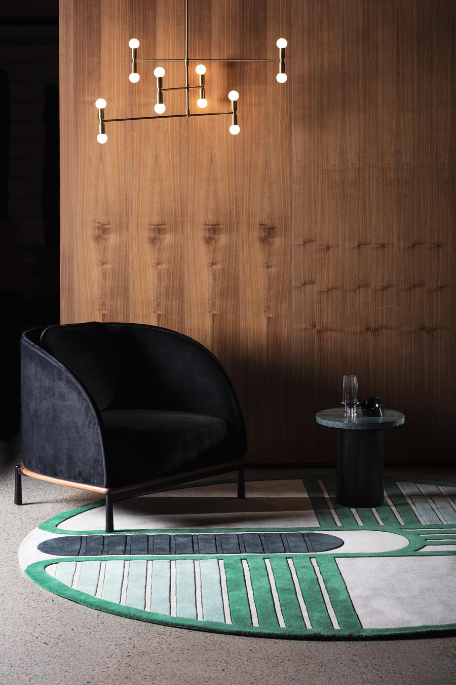 location living room shot of circuit round rug by gavin harris