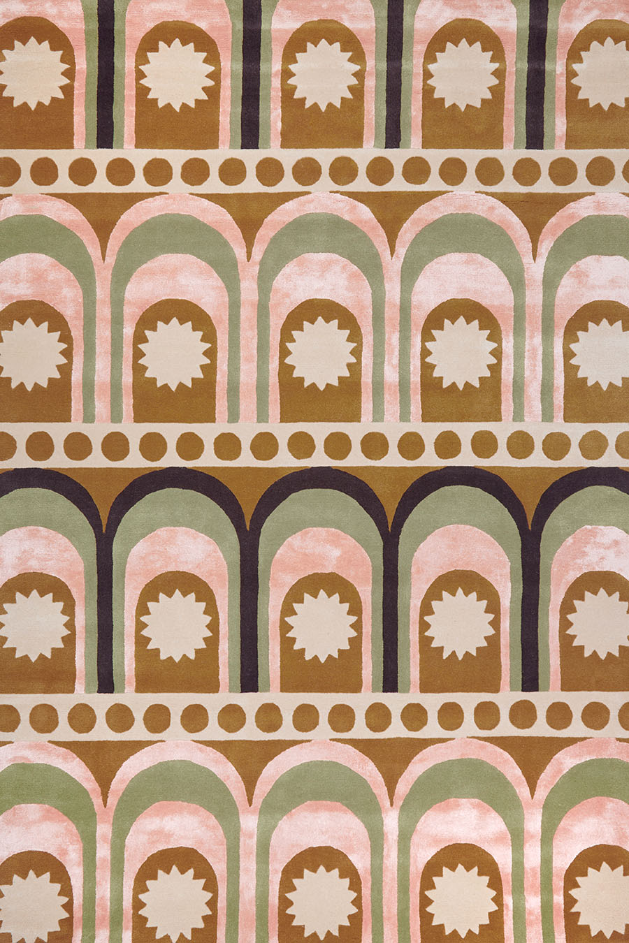 overhead image of art deco Nook rug in mustard and pink colour